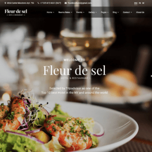 SEO Hannover - Die Homepage des Fleur de Sel Hotel & Restaurant zeigt eine verschwommene Tischdekoration mit einem Gourmetgericht im Fokus und hebt die Auswahl des Hotels auf TripAdvisor als eines der besten Hotels in New York und weltweit hervor. Die von der Webagentur Hannover fachmännisch gestaltete Homepage bietet einen einladenden Einblick in raffinierte Eleganz. Local SEO Agentur Hannover.