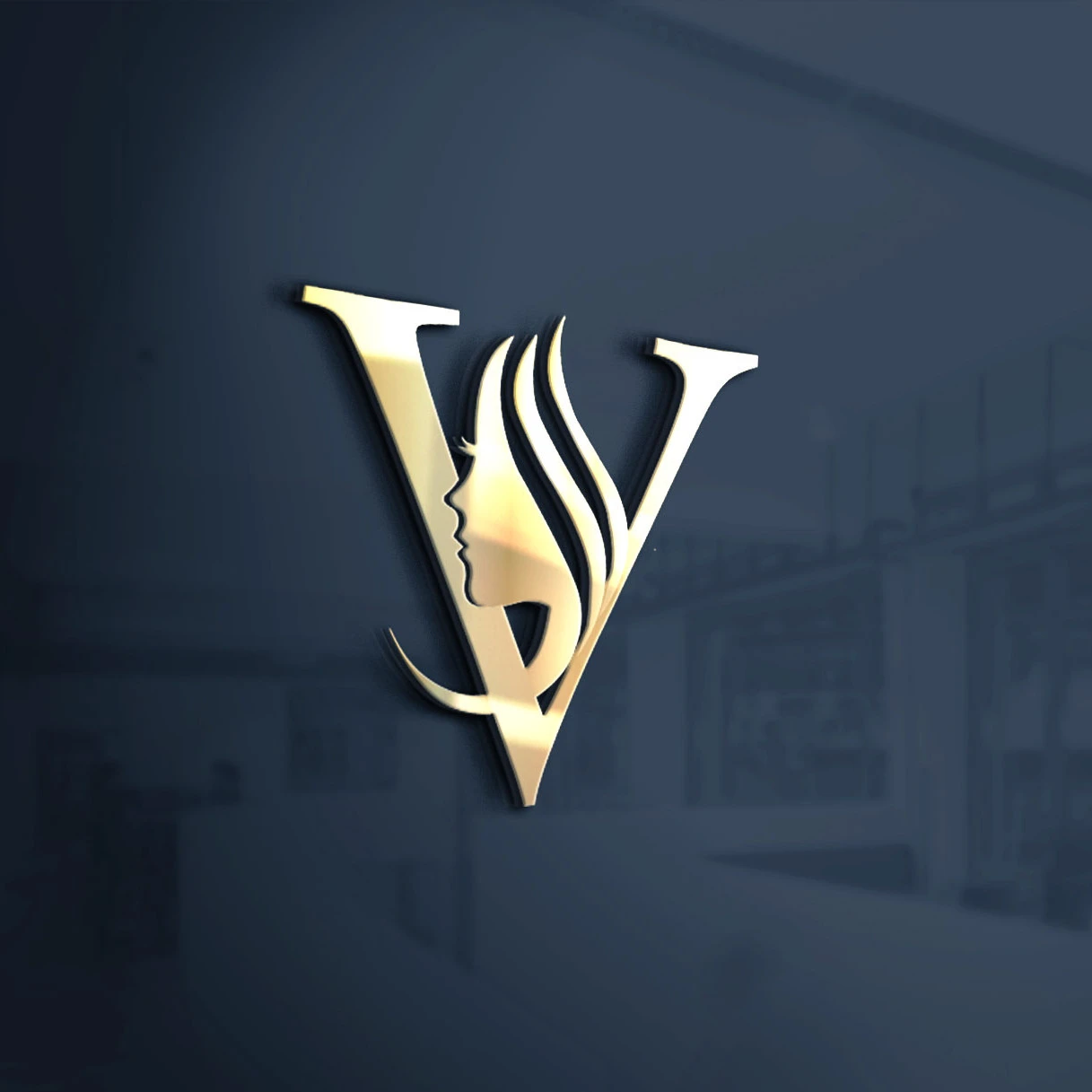 goldenes Logo Skin Valley mit frauenkopf silhouette und Buchstaben V.