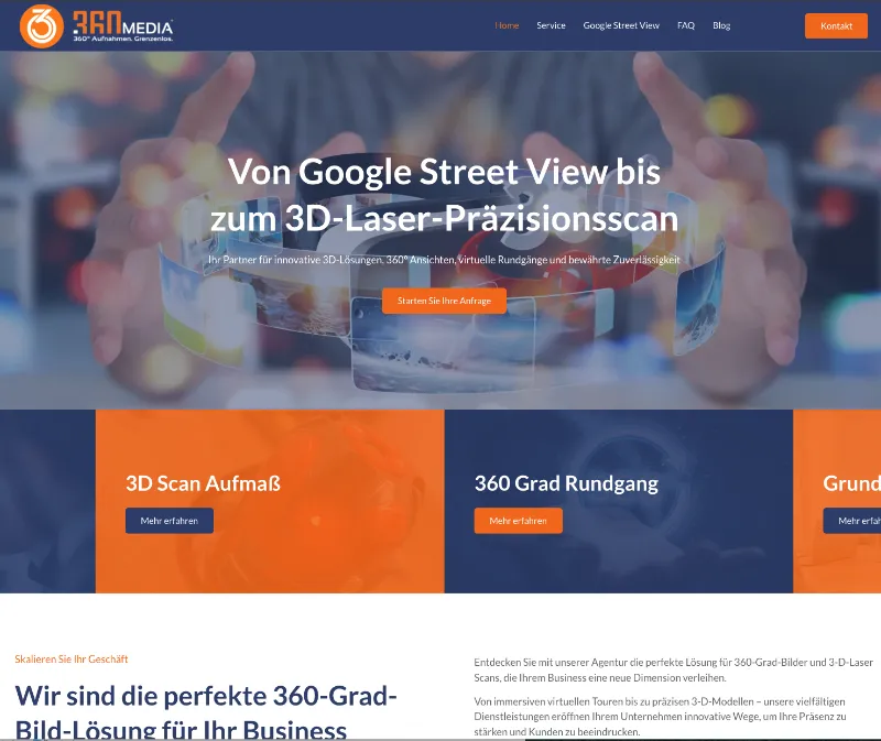 SEO Hannover - Ein Website-Screenshot mit 360-Grad-Bildern und 3D-Scandiensten. Die Überschrift lautet „Von Google Street View bis zum 3D-Laser-Präzisionsscan.“ Zu den Hauptbereichen gehören „3D Scan Aufmaß“ und „360 Grad Rundgang“. Die Seite ist auf Deutsch. Local SEO Agentur Hannover.