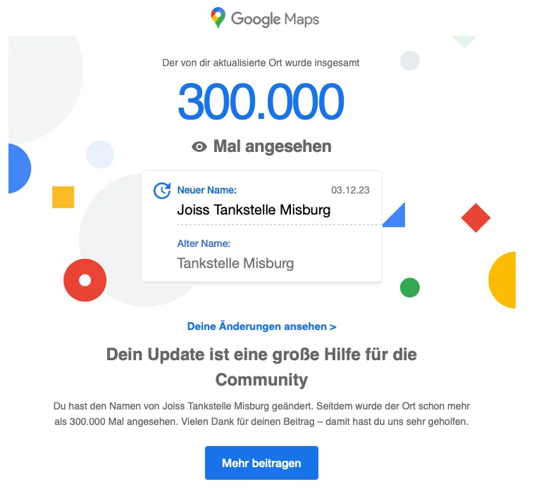 SEO Hannover - Google Maps-Benachrichtigung, die anzeigt, dass der Standort „Joiss Tankstelle Misburg“ 300.000 Mal aufgerufen wurde. Die Benachrichtigung fordert den Benutzer auf, weitere Beiträge zu leisten, und dankt ihm für seine Hilfe für die Community. Local SEO Agentur Hannover.