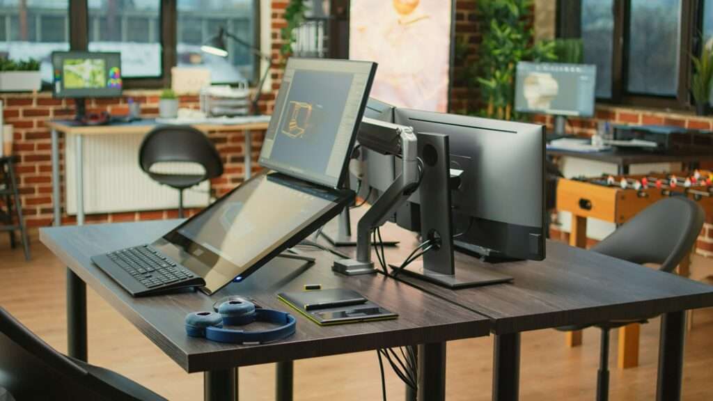 SEO Hannover - Ein moderner Büroraum mit einem Schreibtisch mit zwei großen Computermonitoren, einem Flachbildschirm mit Stift, Tastatur, Maus, Kopfhörern und einem Smartphone. Im Hintergrund sind weitere Schreibtische mit Computern für das Team der SEO Agentur Hannover, große Fenster und ein Tischfußballtisch. Local SEO Agentur Hannover.