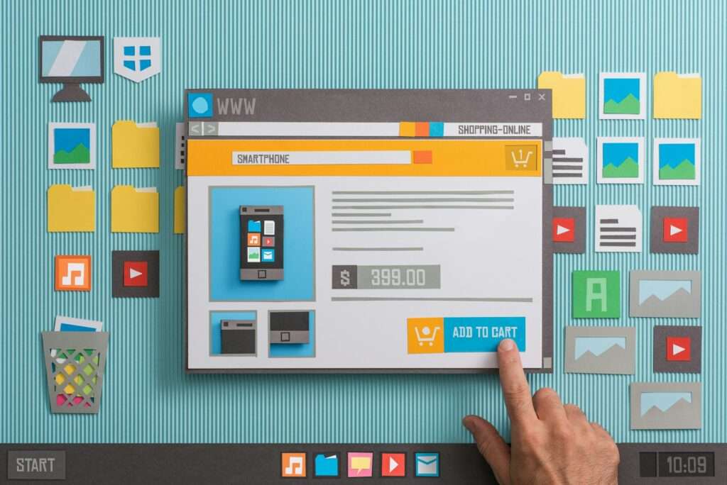 SEO Hannover - Eine Hand klickt auf die Schaltfläche „In den Warenkorb“ auf einem ausgeschnittenen Computerbildschirm, auf dem eine Online-Einkaufsseite für ein Smartphone zum Preis von 399,00 $ angezeigt wird. Im Hintergrund sind Symbole für Ordner, Bilder, Videos und Apps auf einer gestreiften Oberfläche zu sehen, was an den Prozess der Erstellung einer Webvisitenkarte erinnert. Die Uhrzeit auf dem Bildschirm ist 10:09. Local SEO Agentur Hannover.