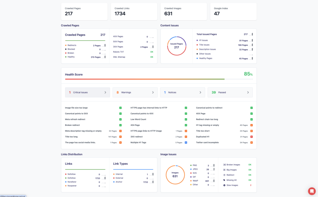 SEO Hannover - Screenshot eines Webanalyse-Dashboards, das eine SEO-Auswertung einer Website zeigt und gecrawlte Seiten, Links, Inhaltsprobleme und einen Integritätswert hervorhebt. Es zeigt 217 gecrawlte Seiten, 1734 erstellte Links und 631 Inhaltsprobleme mit einem Integritätswert von 85 %. Verschiedene Warnungen und Probleme sind unten aufgeführt. Local SEO Agentur Hannover.