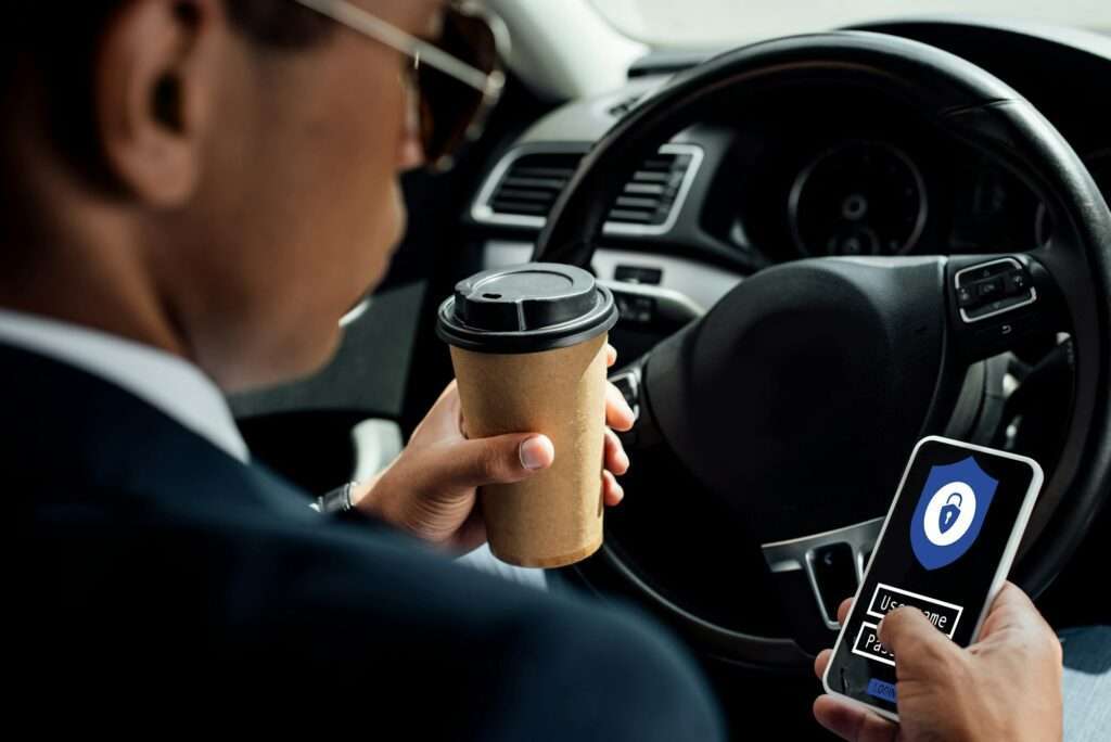 back view of african american businessman using smartphone with secure access illustration and