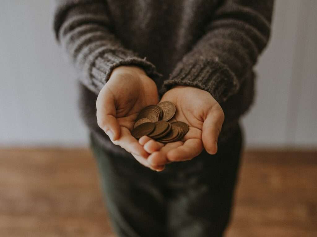 SEO Hannover - Eine Person in einem dunklen Pullover hält mehrere Münzen in beiden Händen, was die Kosten für Website-Erstellung symbolisiert. Der leicht verschwommene Hintergrund hebt die Hände und Münzen hervor, vor einer Innenszene mit sichtbarem Holzboden. Local SEO Agentur Hannover.