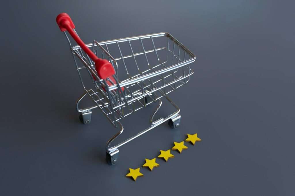 Shopping cart and five stars rating.