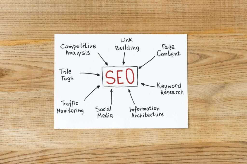 SEO Hannover - Ein Blatt Papier auf einer Holzoberfläche zeigt ein Diagramm mit „SEO“ in der Mitte und verbundenen Pfeilen, die auf acht Elemente zeigen: Wettbewerbsanalyse, Linkaufbau, Seiteninhalt, Keyword-Recherche, Informationsarchitektur, soziale Medien, Verkehrsüberwachung, Titel-Tags. Local SEO Agentur Hannover.