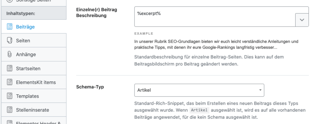 Webdesign Hannover - Screenshot einer Website-Oberfläche zum Verwalten von Beiträgen. Enthält Felder für die Beitragsbeschreibung und den Schematyp zur SEO-Optimierung, mit Optionen für „Artikel“. Unter dem Feld „Beitragsbeschreibung“ wird ein Beispieltext in Deutsch angezeigt. Das Menü auf der linken Seite zeigt Abschnitte wie „Beiträge“ und „Seiten“. Local SEO Agentur Hannover.