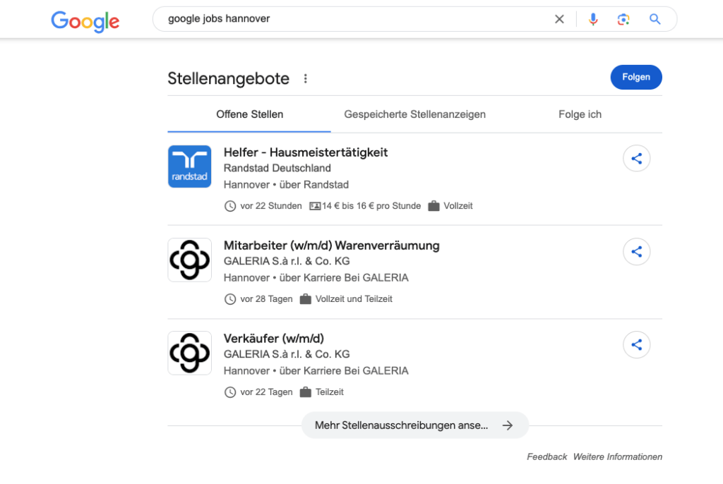 Webdesign Hannover - Screenshot einer Google-Suchergebnisseite für „Google Jobs Hannover“. Stellenangebote wie „Helfer – Hausmeistertätigkeit“, „Mitarbeiter im Verkauf“ und „Verkäufer“ werden jeweils mit Firmennamen und Standort angezeigt und bieten einen Einblick in die Karrieremöglichkeiten in Hannover. Local SEO Agentur Hannover.