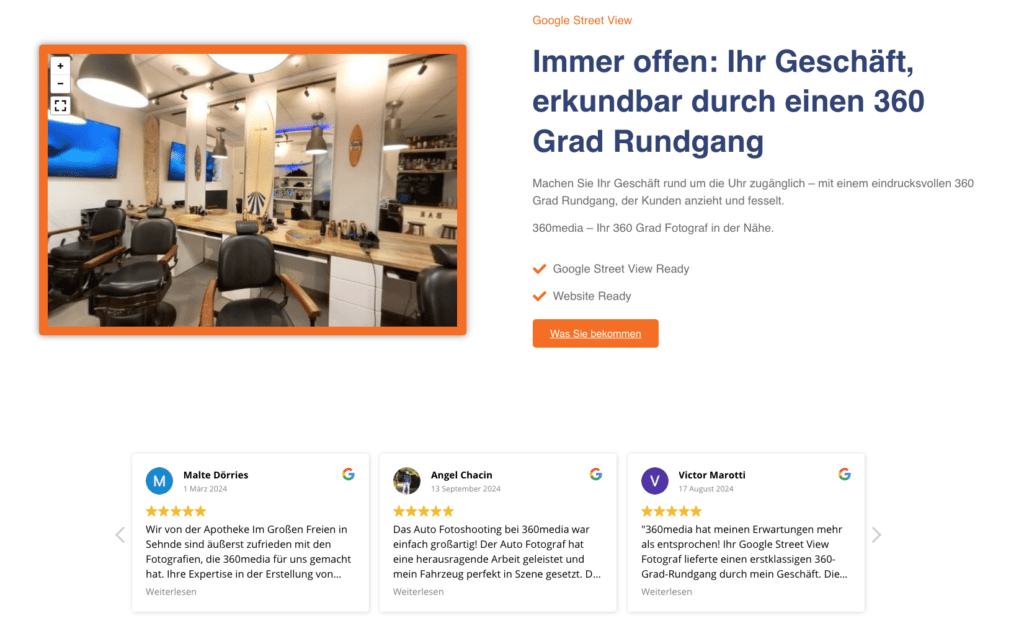 Webdesign Hannover - Links ist das Interieur eines Friseursalons mit Stühlen und Spiegeln zu sehen. Rechts beschreibt ein deutscher Text eine 360-Grad-Tour-Funktion in Google Street View und zeigt, wie man Google Bewertungen auf eine Website einbinden kann. Darunter sind drei Bewertungen mit Sternebewertung und Benutzernamen zu sehen. Local SEO Agentur Hannover.