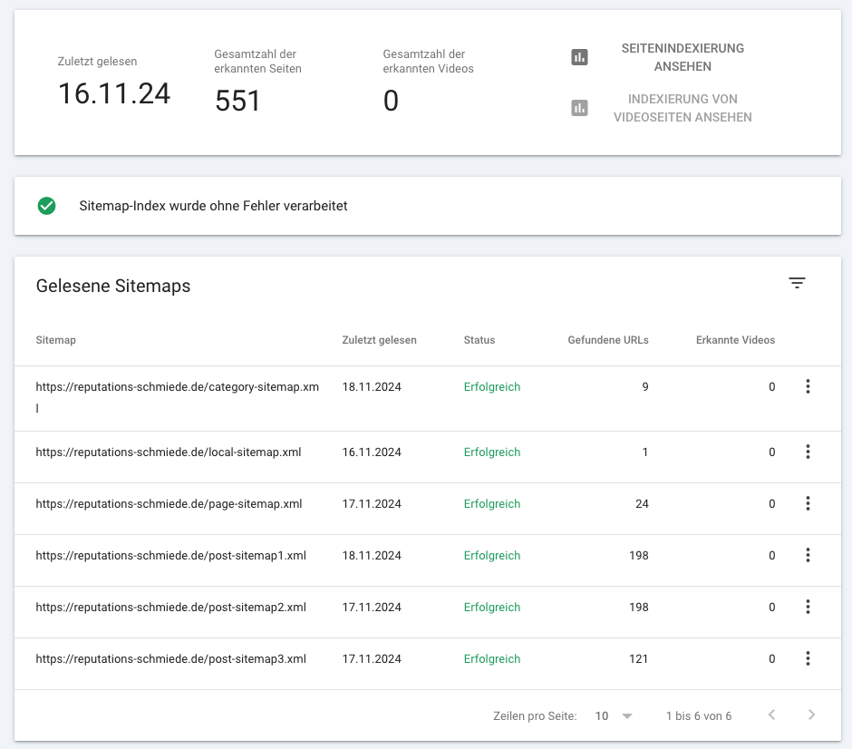 Webdesign Hannover - Screenshot einer Webseite mit einem XML-Sitemap-Bericht vom 16.11.24, der für SEO-Optimierung entscheidend ist. Er zeigt die Gesamtzahl der gelesenen und erkannten Seiten und enthält eine Fehlermeldung. Die Tabelle listet URLs, Daten des letzten Lesens, Statusaktualisierungen, erkannte Seiten und Videos auf. Local SEO Agentur Hannover.