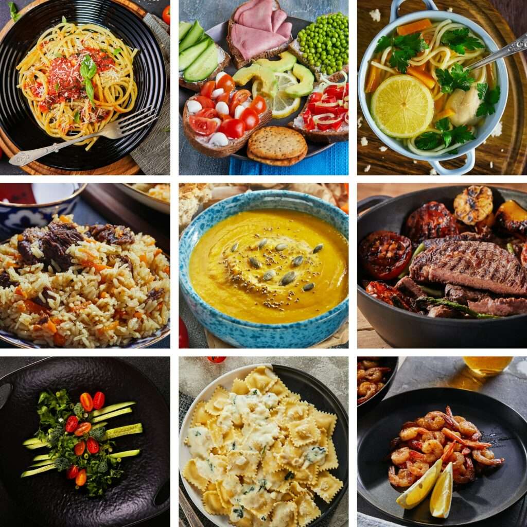 SEO Hannover - Eine Collage aus neun Gerichten präsentiert kulinarische Köstlichkeiten, perfekt für SEO für Bilder: Spaghetti, eine Platte mit Fleisch und Gemüse, Zitronen-Hühnersuppe, Reis mit Rindfleisch, Kürbissuppe, gegrilltes Steak, Gemüse mit Tomaten, Ravioli in Käsesauce und Garnelen garniert mit Zitronenscheiben. Local SEO Agentur Hannover.