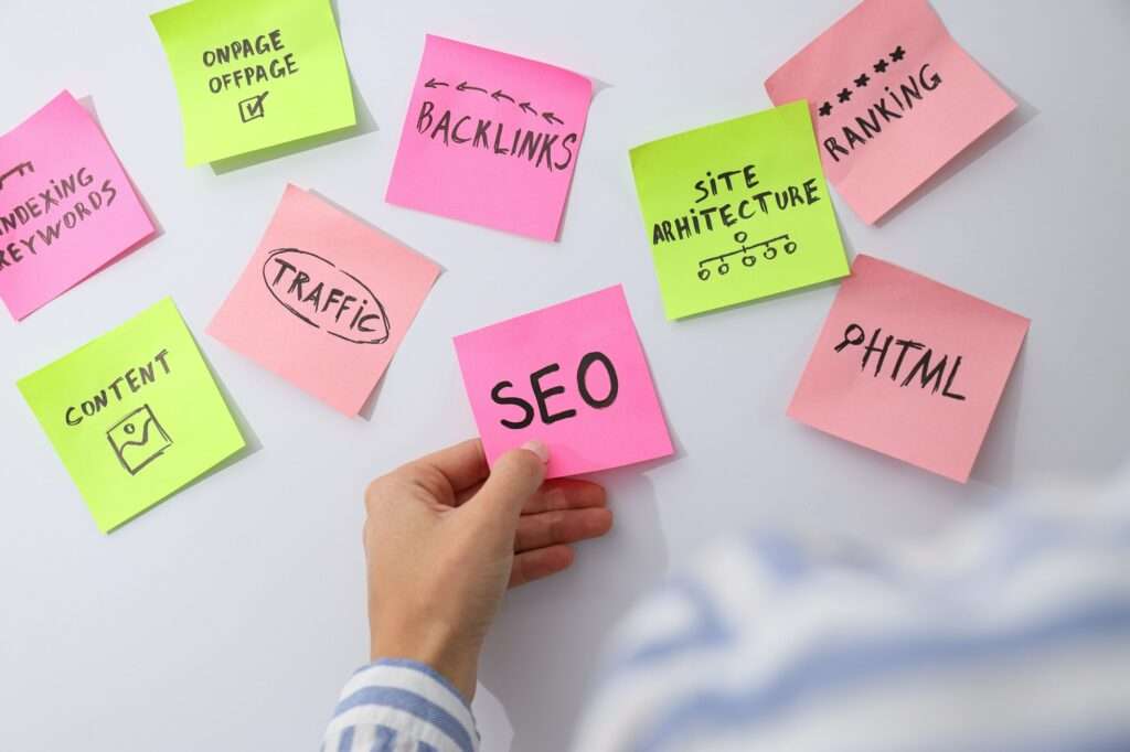 SEO Hannover - Eine Person ordnet Haftnotizen auf einem Whiteboard an. Die Notizen enthalten Schlüsselwörter im Zusammenhang mit SEO, darunter „Onpage Offpage“, „Backlinks“, „Site-Architektur“ und „SEO für Bilder“. Sie ordnen methodisch Ideen an, um das Ranking zu verbessern, den Inhalt zu verbessern, den Verkehr zu steigern und die Site-Architektur zu verbessern. Local SEO Agentur Hannover.