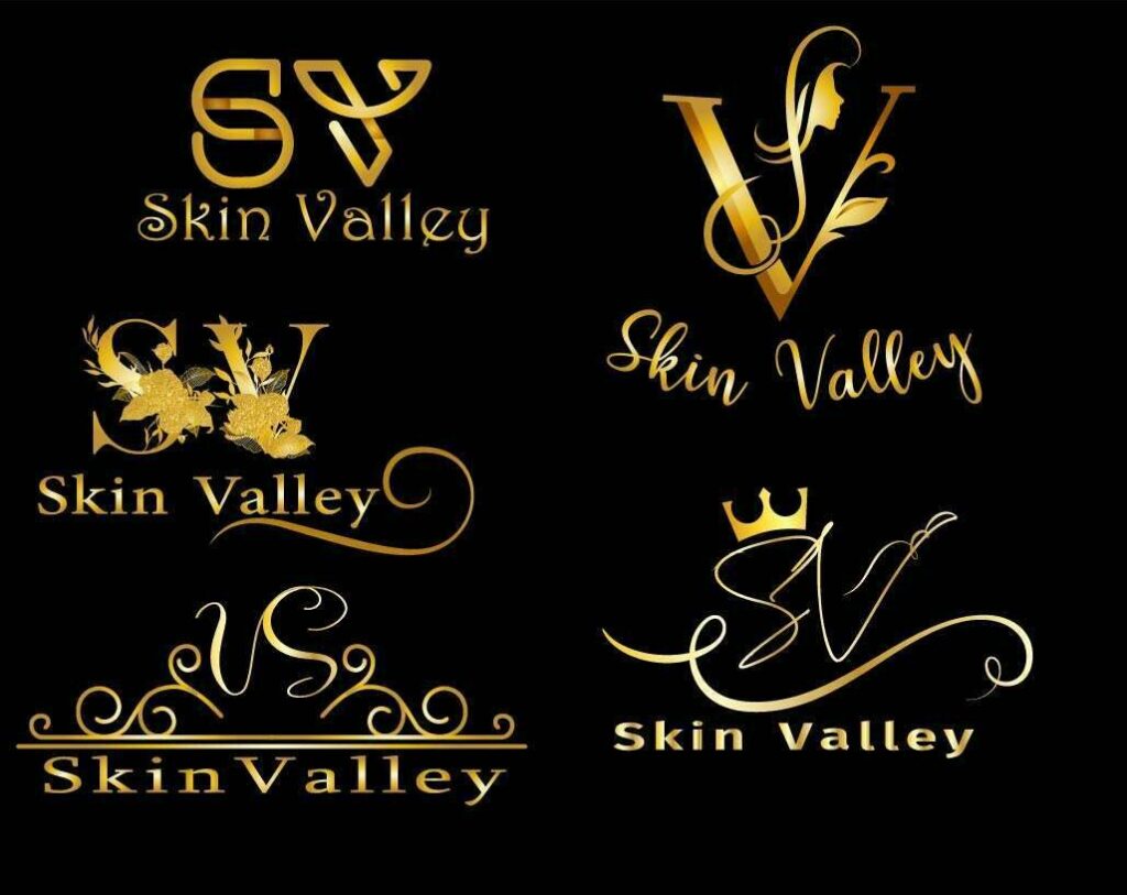 Webdesign Hannover - Eine Sammlung von fünf kunstvollen „Skin Valley“-Logodesigns in verschiedenen Stilen auf schwarzem Hintergrund. Jedes Logo ist mit goldenen Buchstaben und dekorativen Elementen wie Federn, einer Krone oder Blumenmustern verziert. Local SEO Agentur Hannover.