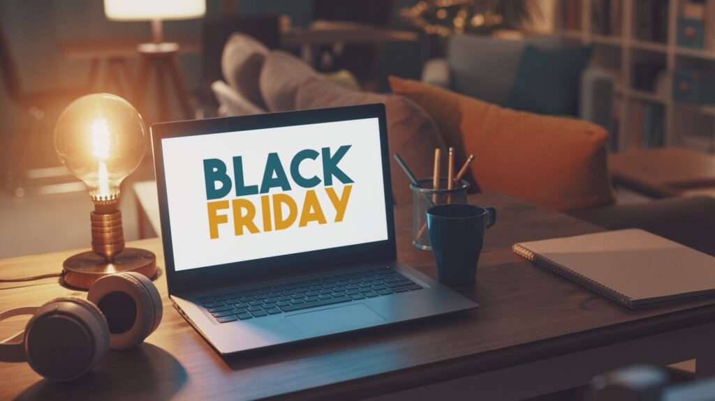 Webdesign Hannover - Auf einem Holzschreibtisch steht ein Laptop mit der Aufschrift „Black Friday“ neben Google Werbung Preise. Die Lampe wirft ein warmes Licht auf Kopfhörer, eine Tasse und ordentlich angeordnete Schreibwaren. Im Hintergrund runden bequeme Stühle und eine gemütliche Couch die einladende Szene ab. Local SEO Agentur Hannover.