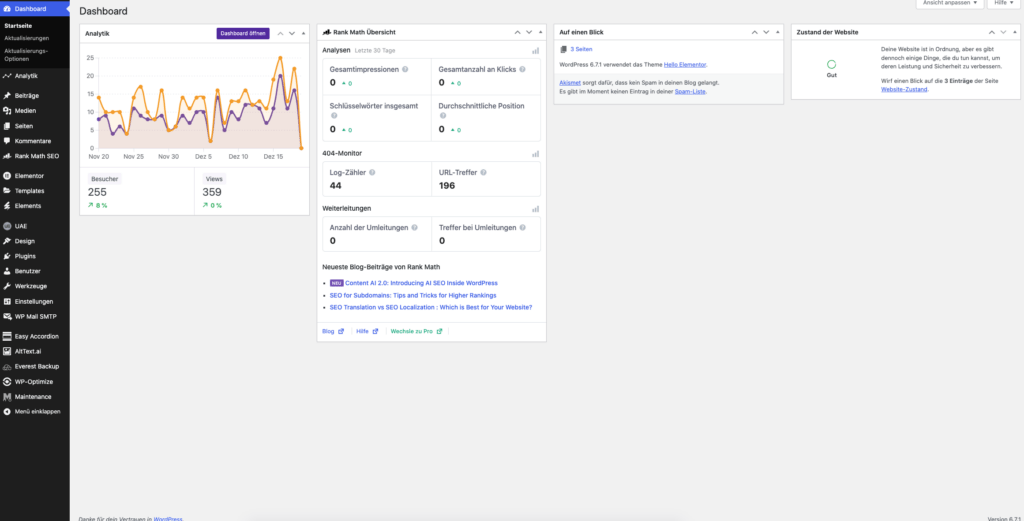 Webdesign Hannover - Screenshot eines WordPress-Backend-Dashboards, das Analysedaten anzeigt. Links zeigt ein Liniendiagramm Schwankungen im Zeitverlauf mit zwei Linien, orange und violett. Rechts werden verschiedene Datenzusammenfassungen und Leistungsmetriken in mehreren Bereichen dargestellt. Local SEO Agentur Hannover.