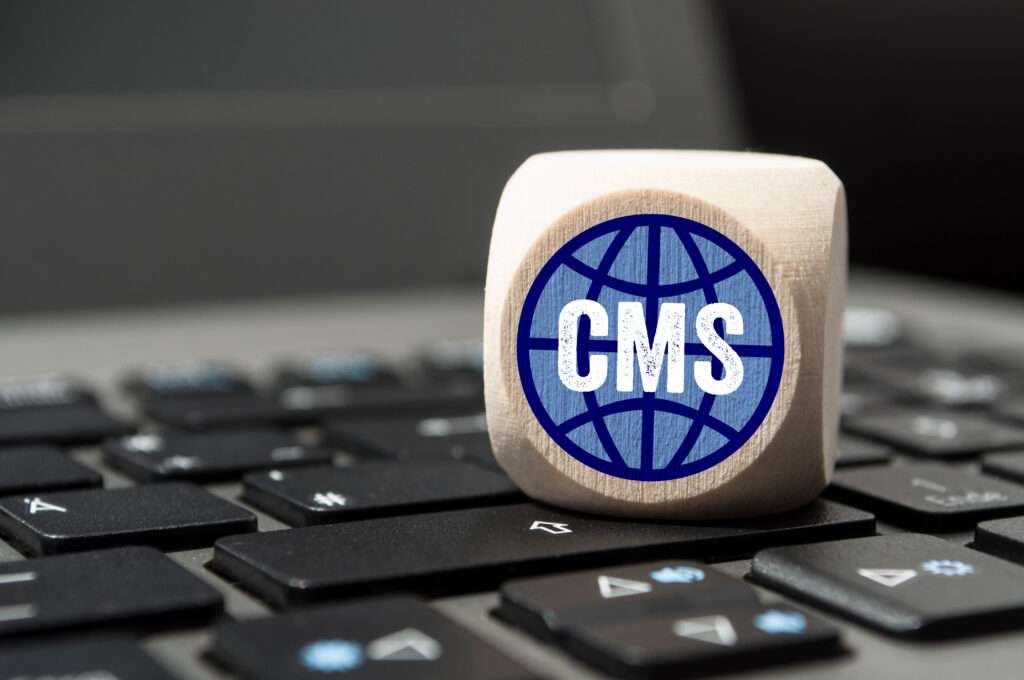 Webdesign Hannover - Ein Holzwürfel mit einem blauen Globussymbol und den Buchstaben „CMS“ liegt bequem auf einer Laptoptastatur und weist subtil auf die nahtlose Integration der WordPress-Wartung hin. Local SEO Agentur Hannover.