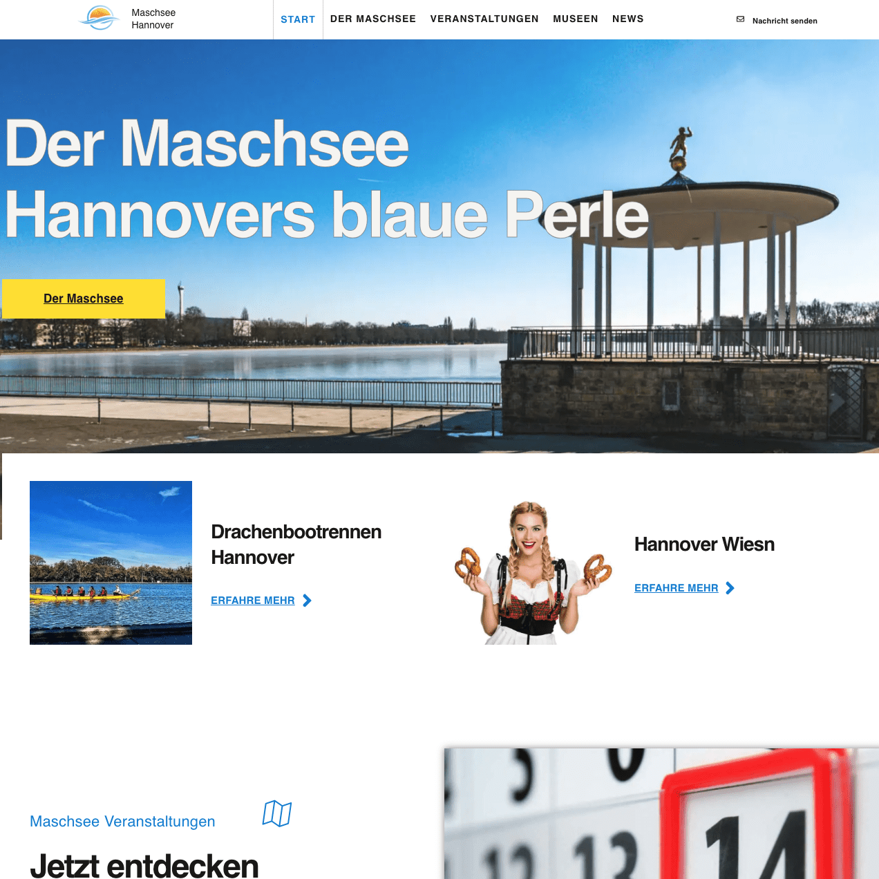 Webdesign Hannover - Der Screenshot der offiziellen Website von Maschsee Hannover zeigt einen malerischen Blick auf den See mit einem Pavillon. Entdecken Sie Veranstaltungen wie Drachenbootrennen und die Hannover Wiesn, während eine Frau in Tracht Brezeln hält. Das Navigationsmenü befindet sich übersichtlich oben. Local SEO Agentur Hannover.