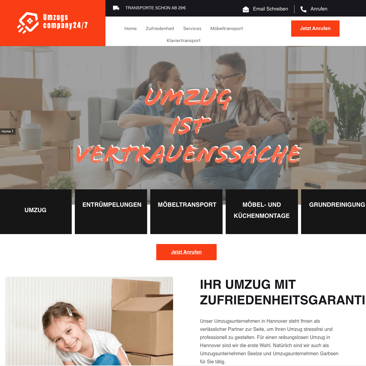 Webdesign Hannover - Screenshot der Website eines Umzugsunternehmens aus Hannover, auf der eine Familie beim Packen von Kisten zu sehen ist. Das Firmenlogo und der Firmenname stehen oben links, mit einem Navigationsmenü mit Dienstleistungen wie Möbeltransport und Umzug. Eine Schaltfläche „Jetzt anrufen“ ist deutlich rot hervorgehoben. Local SEO Agentur Hannover.