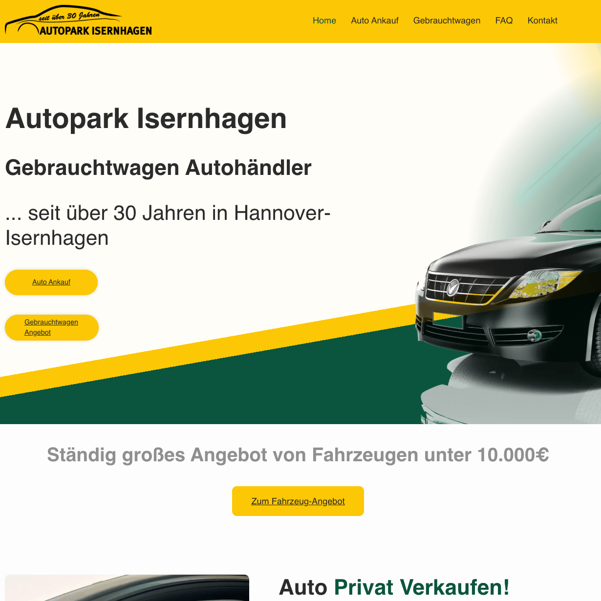 Webdesign Hannover - Screenshot der Homepage des Autopark Isernhagen Autohaus-Webseiten, die einen Gebrauchtwagenhandel in Hannover-Isernhagen präsentiert. Die Seite bietet Angebote, Kontakt-Buttons und hebt Fahrzeuge über 10.000 Euro hervor. Local SEO Agentur Hannover.