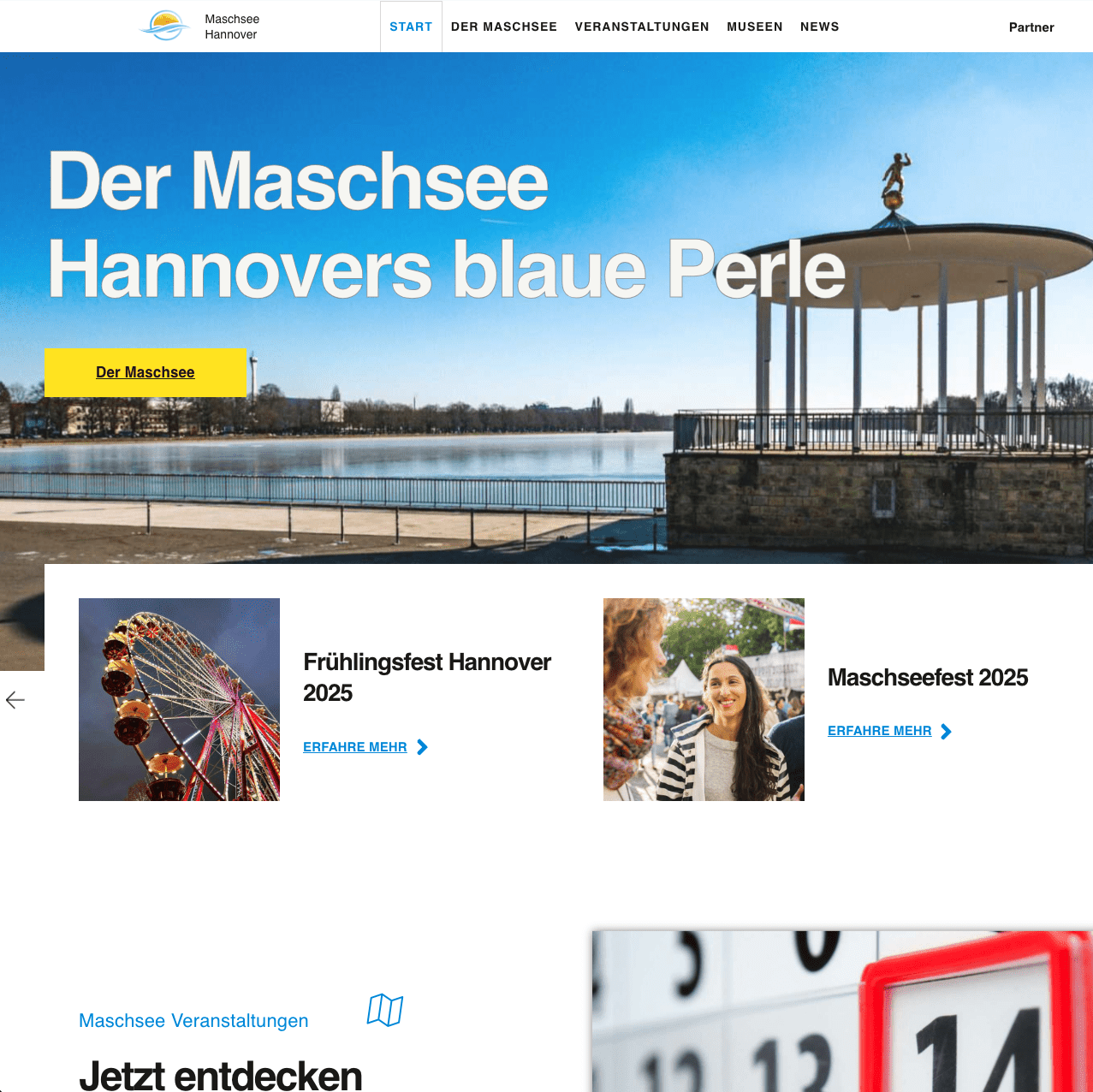 Webdesign Hannover - Screenshot der Startseite der Website maschsee-hannover.de mit dem Maschsee. Die Seite enthält Navigationslinks, ein Seebanner mit einer Statue und Bereiche für Veranstaltungen wie das Frühlingsfest Hannover 2025. Local SEO Agentur Hannover.
