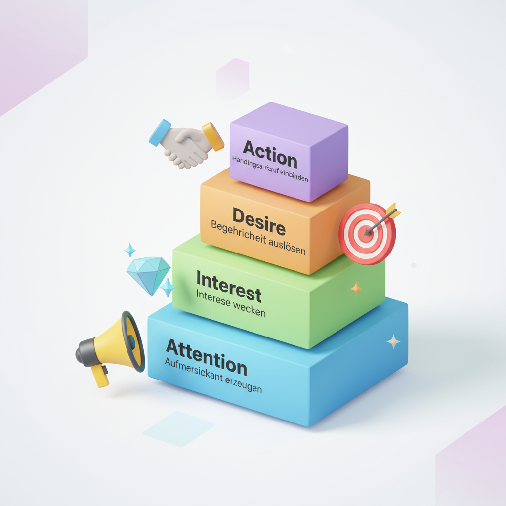 Webdesign Hannover - Ein 3D-Diagramm aus vier gestapelten Blöcken mit den Bezeichnungen Attention, Interest, Desire und Action (Aufmerksamkeit, Interesse, Verlangen und Aktion) enthält Symbole wie ein Megaphon und einen Händedruck, die die Schritte des AIDA-Modells in einem Marketingtrichter visuell veranschaulichen. Local SEO Agentur Hannover.