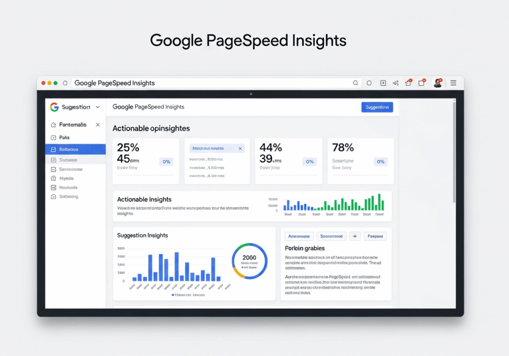 Webdesign Hannover - In einem Browser-Fenster wird das Google Pagespeed Insight-Dashboard mit Leistungsmetriken, umsetzbaren Erkenntnissen, Vorschlägen und einem Diagramm mit Geschwindigkeitsbewertungen und Empfehlungen zur Verbesserung der Website angezeigt. Local SEO Agentur Hannover.