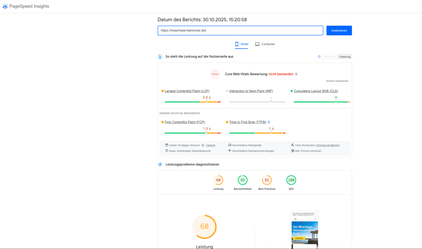 Webdesign Hannover – Screenshot eines PageSpeed Insights-Berichts für „maschsee-hannover.de“ auf dem Desktop, der Page Speed Insight Optimerung vorher results-performance scores, Core Web Vitals und diagnostische Informationen mit visuellen Anzeigen und farbigen Indikatoren anzeigt. Local SEO Agentur Hannover. Webdesign Hannover - Screenshot eines PageSpeed Insights-Berichts für "maschsee-hannover.de" auf dem Desktop, der Page Speed Insight Optimerung vorher results-performance scores, Core Web Vitals und diagnostische Informationen mit visuellen Anzeigen und farbigen Indikatoren anzeigt. Local SEO Agentur Hannover.