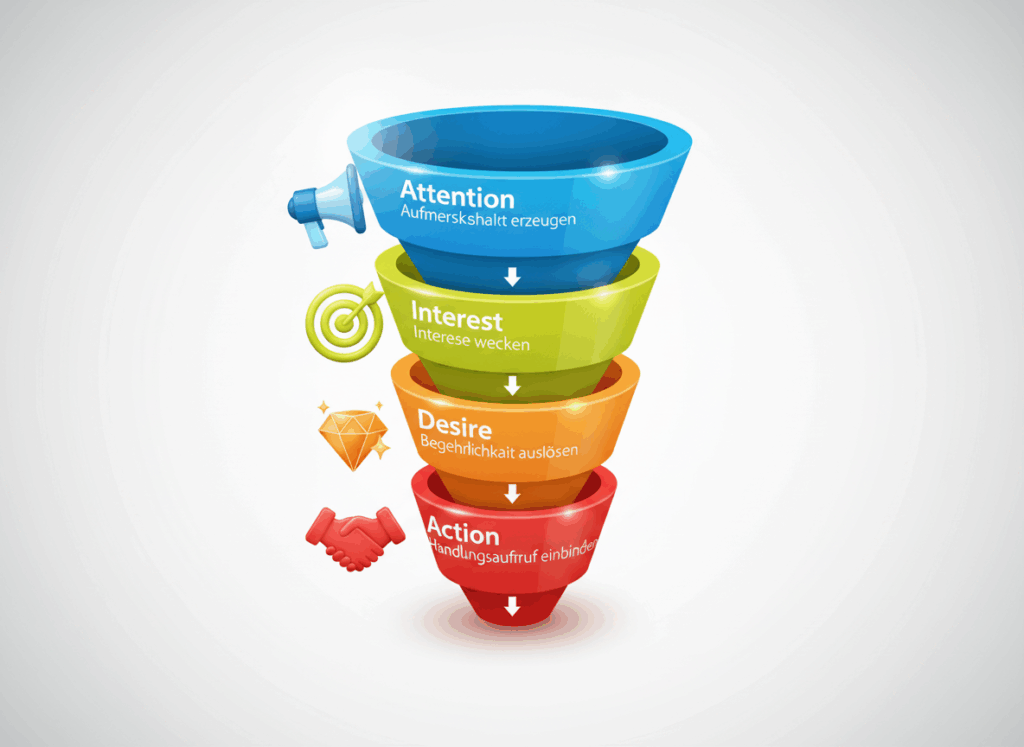 Webdesign Hannover - Ein vierstufiges Trichterdiagramm mit den Bezeichnungen Attention (Aufmerksamkeit), Interest (Interesse), Desire (Verlangen) und Action (Aktion), jeweils mit deutschen Übersetzungen, zur Veranschaulichung des AIDA-Modell-Marketingprozesses; die Symbole umfassen einen Sprecher, ein Ziel, einen Diamanten und einen Händedruck. Local SEO Agentur Hannover.