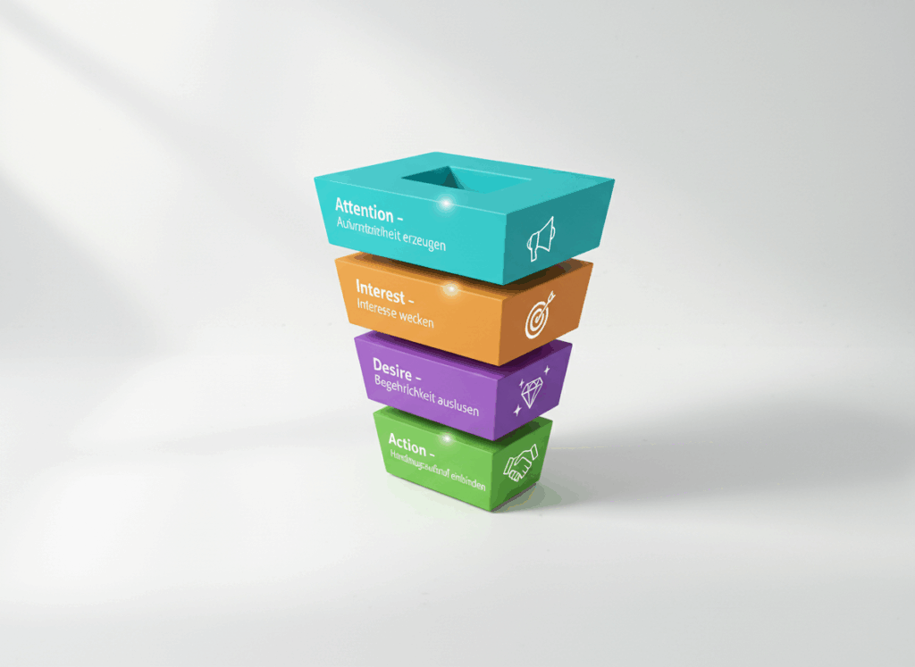 Webdesign Hannover - Ein Stapel von vier farbigen Blöcken mit der Aufschrift: "Attention - Aufmerksamkeit erzeugen", "Interest - Interesse wecken", "Desire - Begehrlichkeit auslösen" und "Action - Kaufanreize auslösen" zeigt das AIDA Modell in Blau, Orange, Lila und Grün. Local SEO Agentur Hannover.