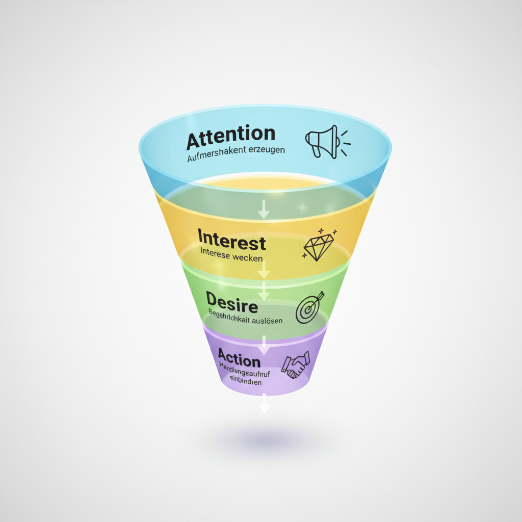 Webdesign Hannover - Das vierstufige AIDA-Modell zeigt Aufmerksamkeit (blau), Interesse (gelb), Verlangen (grün) und Aktion (lila), jeweils mit Symbolen und Pfeilen, die den Fluss von oben nach unten anzeigen. Local SEO Agentur Hannover.