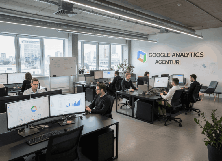 Webdesign Hannover - Modernes Büro mit mehreren Personen, die an Schreibtischen arbeiten, jeder mit mehreren Monitoren, auf denen Grafiken und Diagramme angezeigt werden. Auf einem großen Schild an der Wand steht "Google Analytics Agentur Hannover". Große Fenster geben den Blick auf die Gebäude der Stadt frei. Local SEO Agentur Hannover.