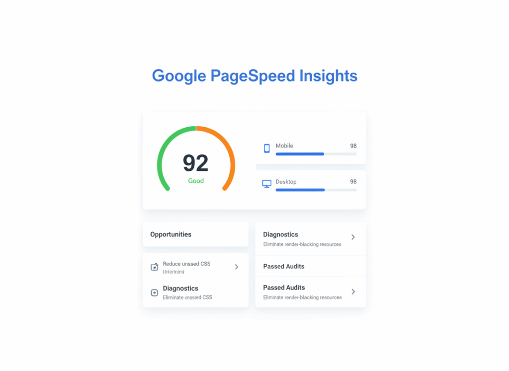 Webdesign Hannover - Eine Google PageSpeed Insights-Ergebnisseite zeigt eine Punktzahl von 92 (gut) mit Leistungsbalken für Mobile und Desktop bei 98. Unten finden Sie Abschnitte für Möglichkeiten, Diagnosen und bestandene Audits mit Vorschlägen für Google PageSpeed Insights-Ressourcen. Local SEO Agentur Hannover.