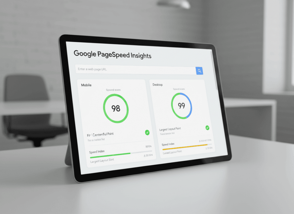 Webdesign Hannover - Ein Tablet auf einem weißen Schreibtisch zeigt beeindruckende PageSpeed Insight-Werte an: 98 für Mobilgeräte und 99 für den Desktop. Der Hintergrund zeigt eine unscharfe Büroumgebung mit einem Stuhl und einem Tisch. Local SEO Agentur Hannover.