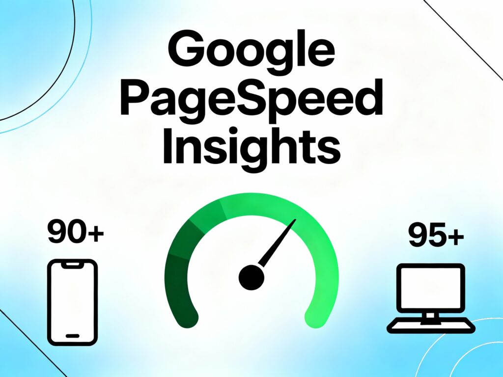 Webdesign Hannover - Eine Grafik mit dem Text "Google PageSpeed Insights" über einem grünen Tachometer hebt die Optimierung der Seitengeschwindigkeit hervor und zeigt ein Smartphone mit "90+" und einen Desktop-Computer mit "95+" auf blauem und weißem Hintergrund. Local SEO Agentur Hannover.