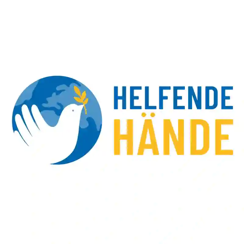 Webdesign Hannover - Eine weiße Taube, die einen gelben Olivenzweig im Schnabel hält, steht vor einer blauen Weltkugel. Daneben ist in blauen und gelben Großbuchstaben der Schriftzug "Helfende Hände e.V." zu lesen. Local SEO Agentur Hannover.
