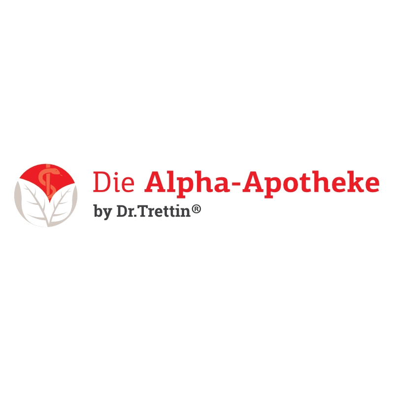 Webdesign Hannover - Logo Alpha Apotheke Referenz: Ein markantes Logo für "Die Alpha-Apotheke by Dr. Trettin", ideal für eine Local SEO Agentur Hannover, mit rot-weißem kreisförmigen Emblem, medizinischem Symbol über grauen Blättern und Firmenname in schwarz-roter Schrift. Local SEO Agentur Hannover.