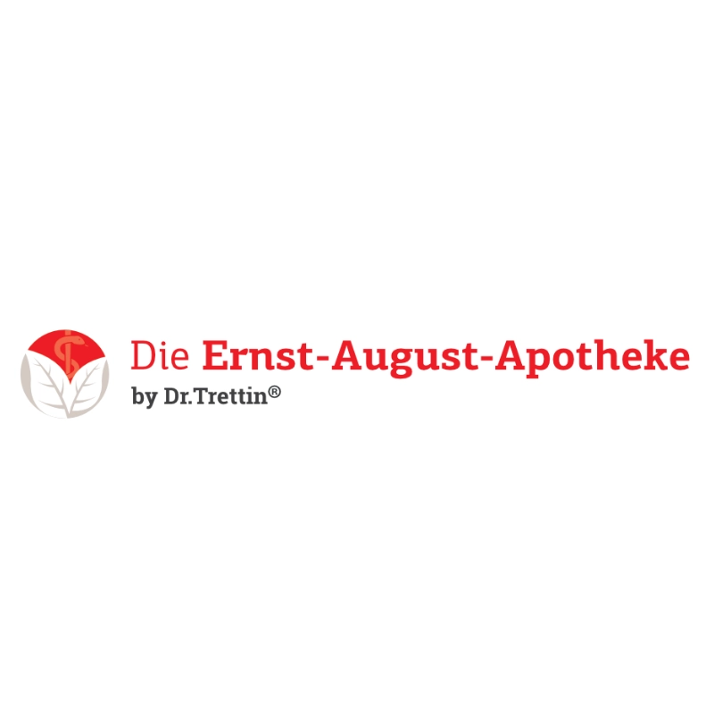 Webdesign Hannover - Logo für "Die Ernst-August-Apotheke von Dr. Trettin" in roter Schrift, mit rotem, kreisförmigem Emblem mit weißem Mörser und Stößel über stilisierten Blättern - ein Beispiel für ein markantes Logo Ernst August Apotheke Hannover Referenz von Reputations Schmiede. Local SEO Agentur Hannover.