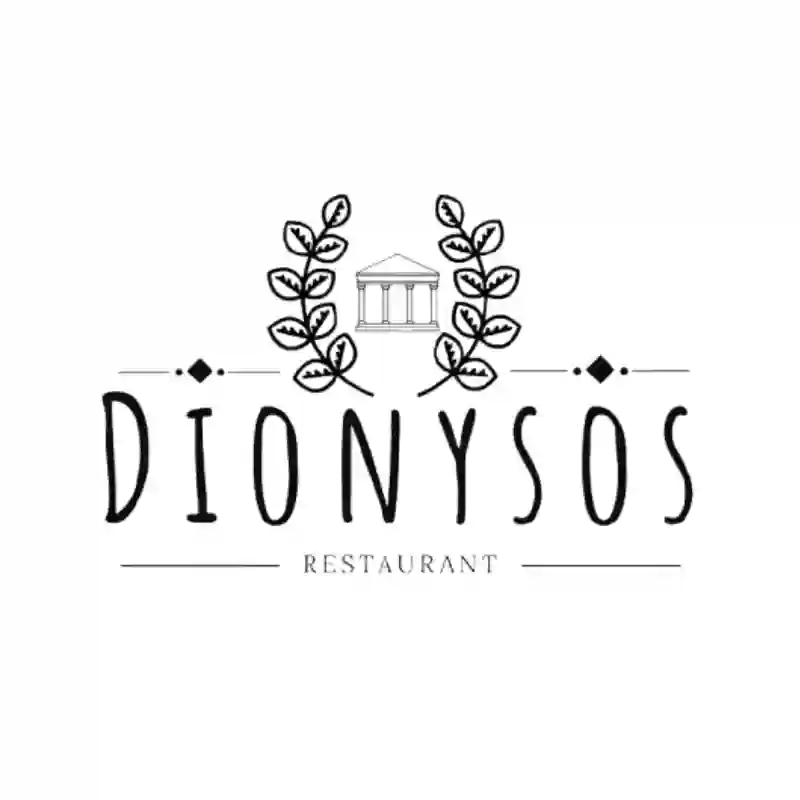 Webdesign Hannover - Schwarzes und weißes Logo für das Restaurant Dionysos, ein Kunde der Reputations-Schmiede, mit dem Namen in fetten Großbuchstaben, einem klassischen Tempel darüber und zwei Blätterzweigen, die sich elegant um den Tempel winden. Local SEO Agentur Hannover.