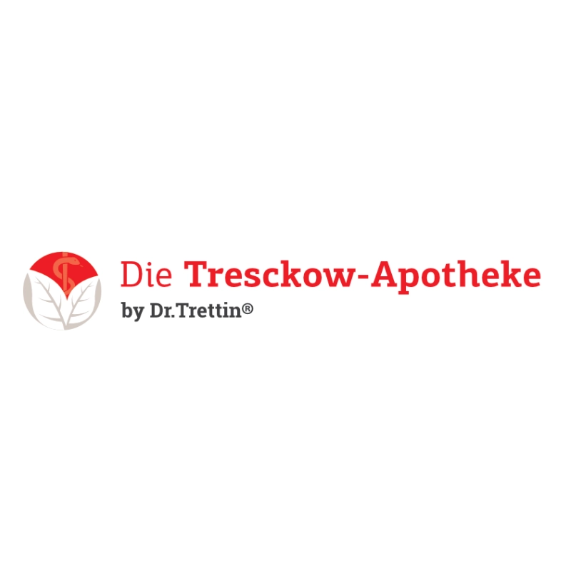 Webdesign Hannover - Das Logo der Tresckow-Apotheke zeigt ein rot-weißes Kreissymbol mit einem stilisierten Blatt und einer Schlange sowie "Die Tresckow-Apotheke by Dr. Trettin®" in Schwarz und Rot - Kunden der Reputations Schmiede Hannover - auf weißem Hintergrund. Local SEO Agentur Hannover.