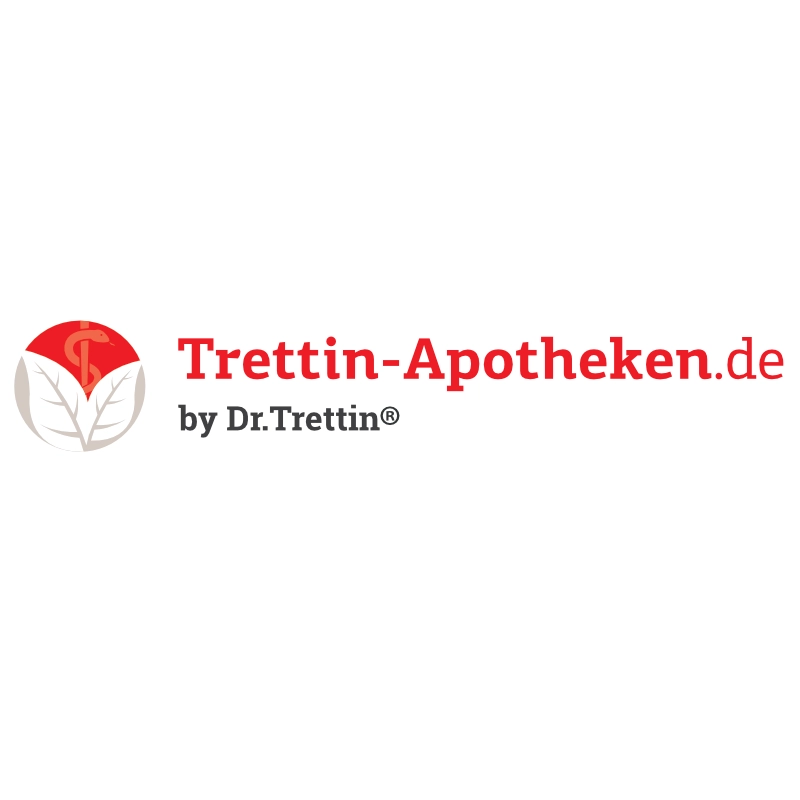 Webdesign Hannover - Logo Trettin Apotheke: Rot-weißes Kreissymbol mit Mörser und Stößel auf der linken Seite, "Trettin-Apotheken.de by Dr. Trettin" in Rot und Schwarz auf der rechten Seite - Trusted by Kunden von Local SEO Agentur Hannover. Local SEO Agentur Hannover.