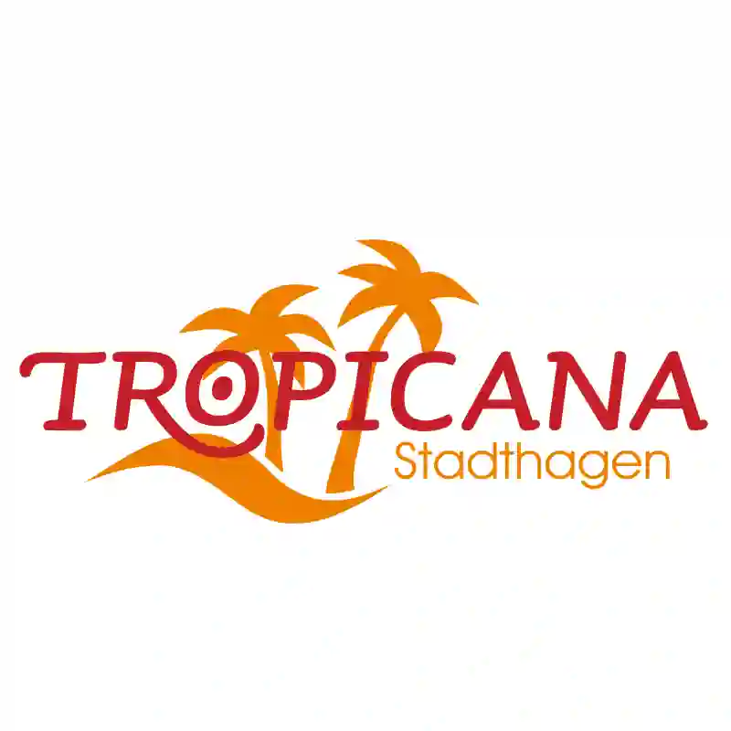 Webdesign Hannover - Logo Tropicana Stadthagen: Der Schriftzug "Tropicana" in großen roten Buchstaben, "Stadthagen" kleiner in Orange darunter. Zwei stilisierte orangefarbene Palmen im Hintergrund, eine orange Welle unterstreicht "Tropicana". Kunde und Referenz der Reputations-Schmiede. Local SEO Agentur Hannover.